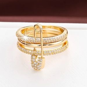 14k Gold Diamond Safety Pin Triple Stack Ring